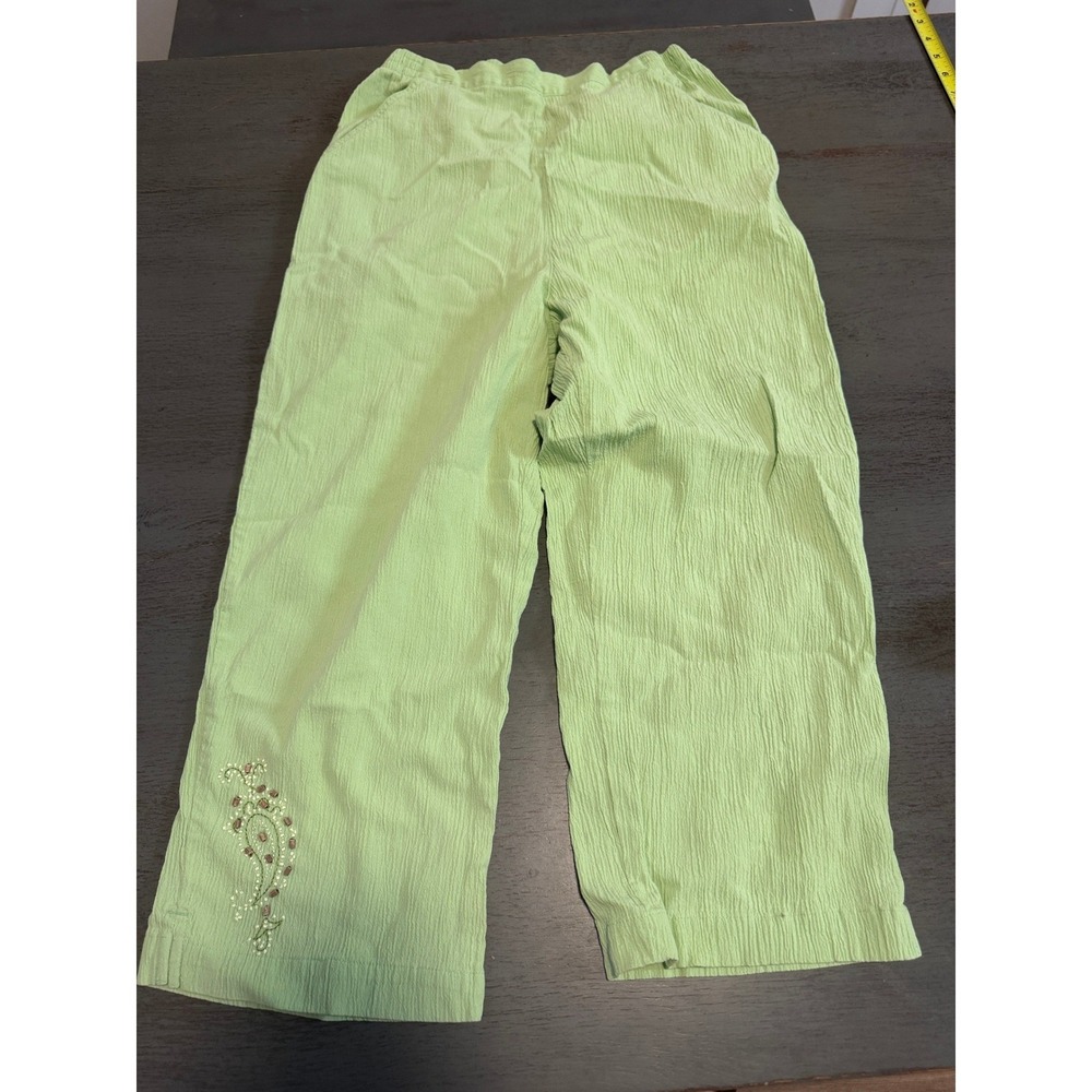 Koret Womens Medium Green Crinkle Gauze Elastic Waist Crop Pants Embroidered M